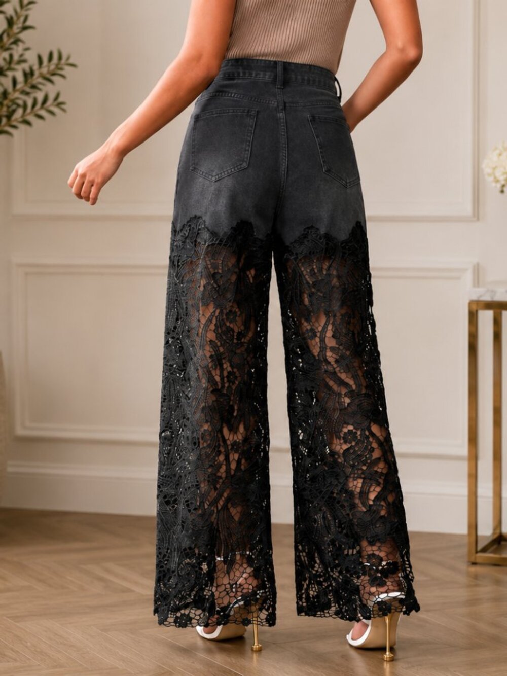 Black Lace Panel Rhinestone Straight-Leg Jeans - Picture 2 of 2